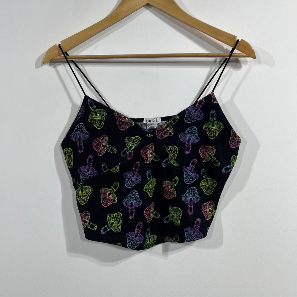 Rue21 Y2K Neon Mushroom Print Babydoll Top Handkerchief Hem Sz XL Festival Rave
